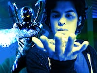 A photo illustration showing Jaime Reyes as himself and the Blue Beetle in the 2023 film The Blue Beetle.