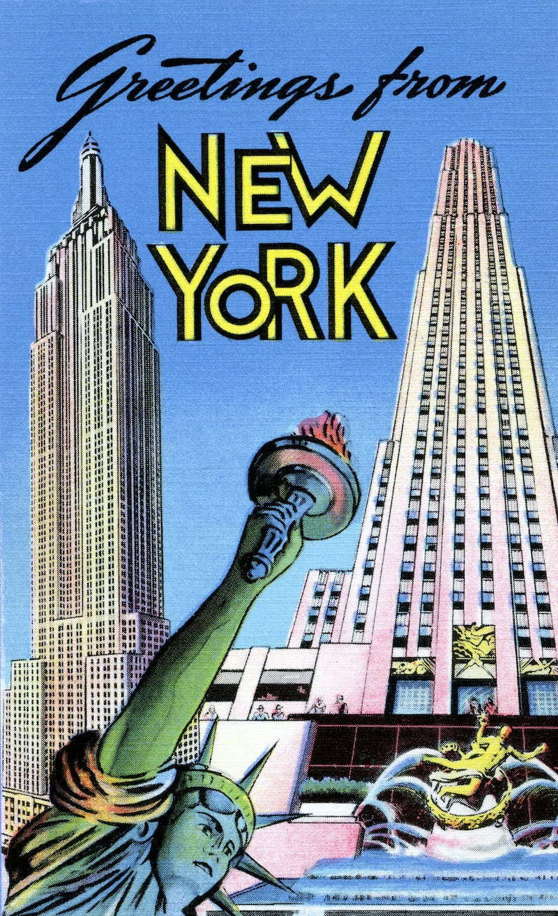 A vintage postcard featuring the Statue of Liberty and Empire State Building that reads, "Greetings from New York"