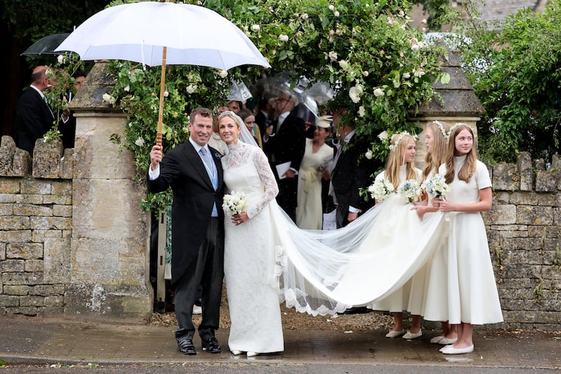 Peter Phillips and Harriet Sperling depart from their Royal wedding at All Saints' Church on June 6, 2026, in Kemble, England.