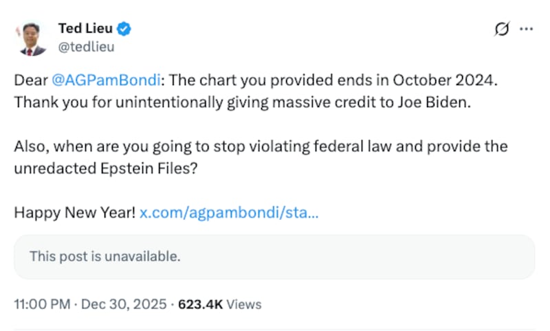 Ted Lieu's post calling out Pam Bondi.