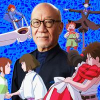 A photo illustration of composer Joe Hisaishi and characters from Nausicaa, Spirited Away, The Boy and the Heron, and Howl’s Moving Castle.