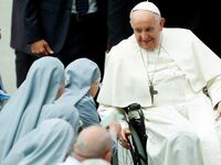 Pope Francis attends a meeting with nuns of Sisters Disciples of Jesus in the Eucharist in Paul VI hall, at the Vatican, Aug. 25, 2023.