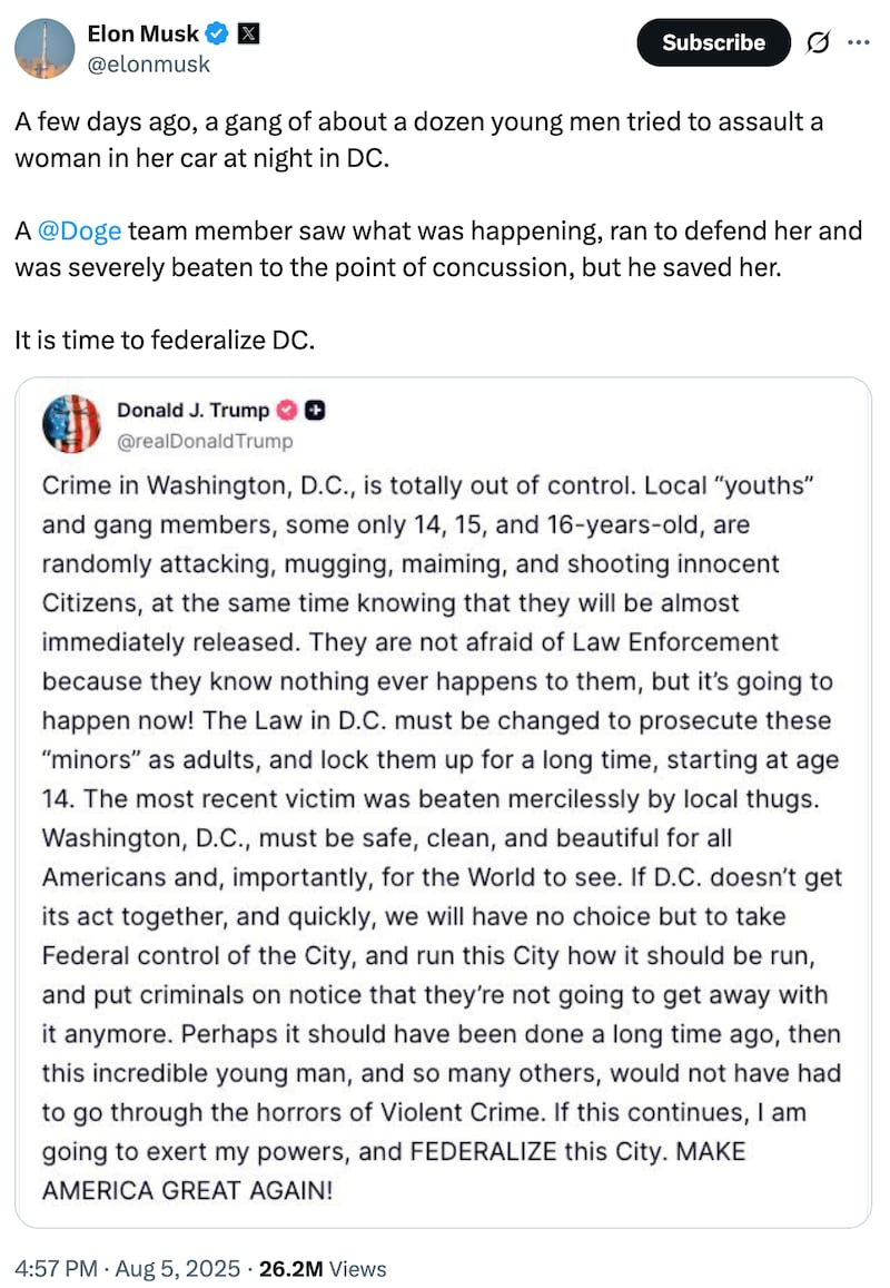 A tweet from Elon Musk about Edward Coristine’s D.C. attack.