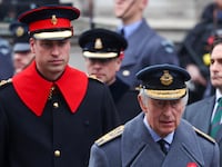 Britain's King Charles and Prince William attend the annual Remembrance Sunday ceremony at the Cenotaph, in Whitehall, London Britain November 12, 2023.