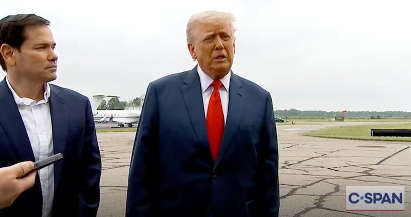 President Donald Trump and Marco Rubio take questions before boarding Air Force One.
