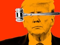 A photo illustration shows Donald Trump in orange with a gavel over his eyes