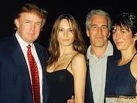 Donald Trump with his then-girlfriend (and now wife), Melania Knauss, Jeffrey Epstein, and Ghislaine Maxwell.
