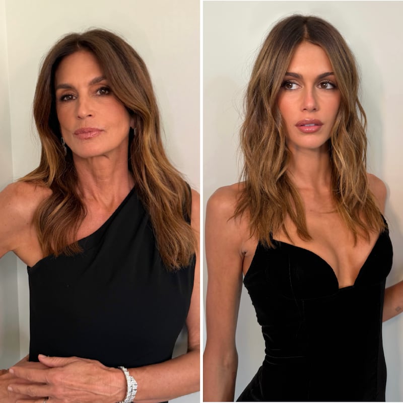 Cindy Crawford and her daughter, Kaia Gerber, pose in similar black dresses and matching makeup looks on their hairstylist’s Instagram.