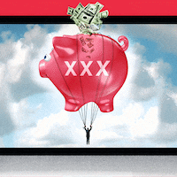 An illustration including a floating piggy bank lifting a business person in the sky