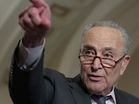 Senate Minority Leader Chuck Schumer (D-NY) speaks to reporters following the weekly Democrat Senate policy luncheon at the U.S. Capitol on May 06, 2025 in Washington, DC. Senators spoke about a variety of topics including small business week.