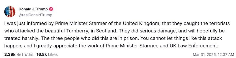 Trump on golf course vandalism in Scotland.