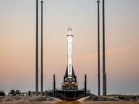 Relativity Space's 3D-printed rocket Terran 1 sits on the launch pad in this handout photograph released ahead of its scheduled launch in Cape Canaveral, Florida, March 8, 2023.