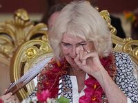 Queen Camilla is seen during a farewell ceremony, on the final day of the royal visit to Australia and Samoa