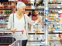 A photo illustration of a woman looking at food nutrition labels while shopping.
