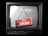 Photo illustration of an old tv with a “now hiring” sign altered to read “rehiring” hanging.