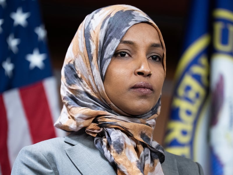 Rep. Ilhan Omar, D-Minn., attends a news conference with members of the Congressional Progressive Caucus on funding and accountability for the Department of Homeland Security in the Capitol Visitor Center on Tuesday, January 13, 2026.