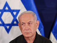 Benjamin Netanyahu during a press conference with defense minister Yoav Gallant and Cabinet minister Benny Gantz