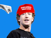Mark Zuckerberg with a MAGA hat being flicked off