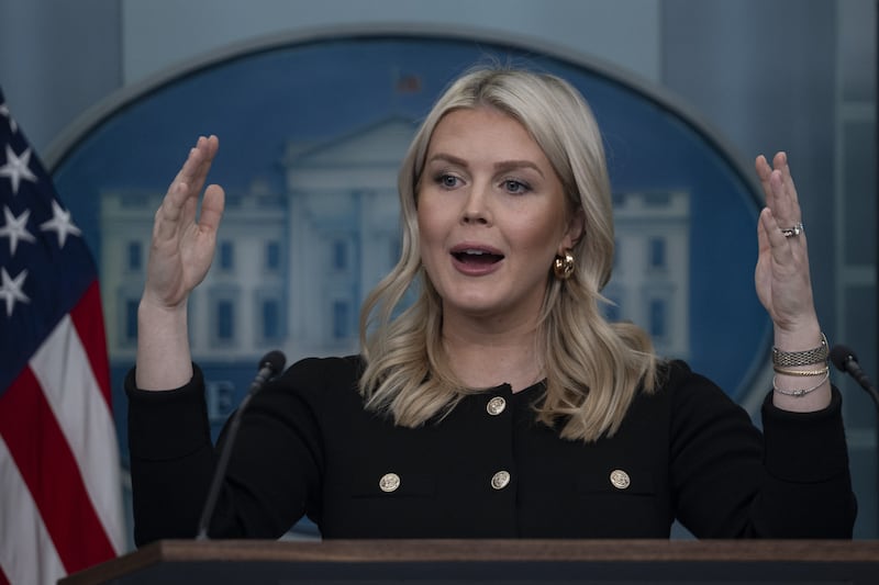 White House Press Secretary Karoline Leavitt speaks during the daily press briefing at the White House Press Briefing Room in Washington, DC, United States, on February 18, 2026.