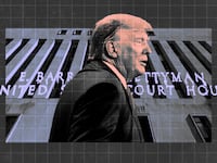 A photo composite of former President Donald Trump superimposed over the Washington DC federal courthouse.