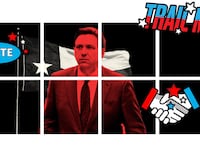 A photo illustration of Ron DeSantis in front of a Texas flag