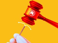 A photo illustration of a red GOP gavel and an IUD.