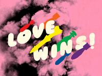 A photo illustration of bombs and missiles in rainbow colors coming down with a pink cloud of explosion smoke in the background. The words “Love wins” weave in between the bombs and missiles.