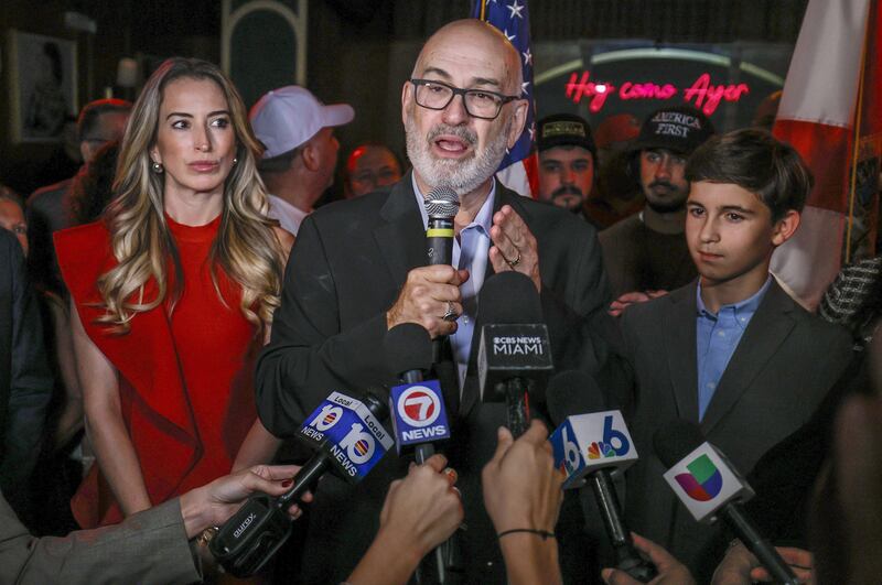 City of Miami mayoral candidate Emilio Gonzalez speaks to supporters and the media during election night watch party at Hoy Como Ayer in Little Havana, in Miami on Tuesday, Nov. 4, 2025.