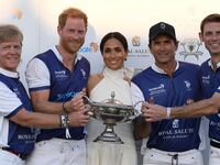 WELLINGTON, FLORIDA - APRIL 12: Dana Barnes, Prince Harry, Duke of Sussex, Meghan, Duchess of Sussex, Adolfo Cambiaso and Malcolm Borwick during the Royal Salute Polo Challenge benefitting Sentebale at Grand Champions Polo Club on April 12, 2024 in Wellington, Florida. The annual Polo Cup has been running since 2010, and to date has raised over £11.4 million to support Sentebale's work with children and young people affected by poverty, inequality and HIV/AIDS in southern Africa.