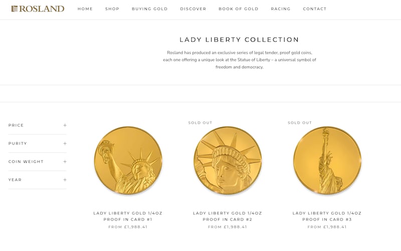 Rosland’s website shows the Lady Liberty gold coin collection.