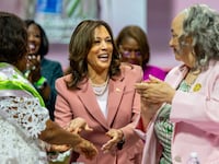 Harris greets members of her sorority at a July 2024 event in Dallas.