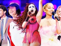 A photo illustration of John Mulaney, Billie Eilish, Chappell Roan, Ariana Grande, and Jean Smart.