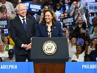 Democratic presidential nominee Vice President of the United States Kamala Harris and her running mate Minnesota Gov. Tim Walz (L) on stage at a campaign rally in Philadelphia, Pennsylvania, United States on August 6, 2024.