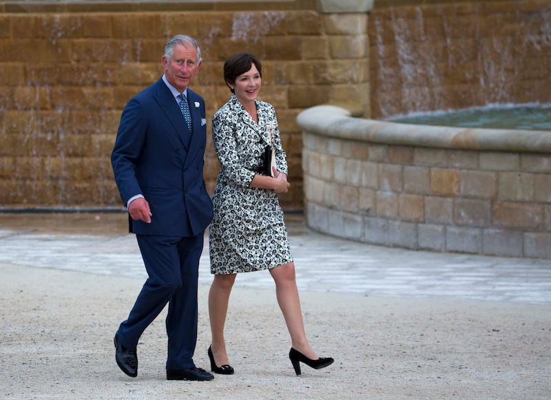 Jane Percy (right) with the then Prince Charles, tours the gardens of Ainwick Castle on July 24, 2012 in Ainwick, England. (Photo by Anwar Hussein/Getty Images)