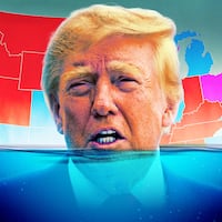 A photo illustration of Donald Trump sinking in blue water and the midterm election map.