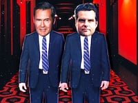 A photo illustration of Mike Waltz and Matt Gaetz in the hallway similar to the “The Shining” film.