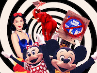 A photo illustration featuring Mickey and Minnie Mouse, Dylan Mulvaney, a sign with Bud Light crossed out, and a red elephant.