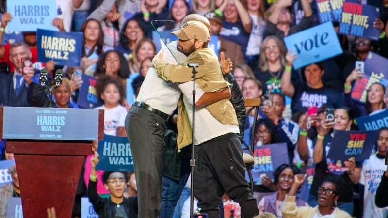 Rapper Eminem introduces former president Barack Obama during a rally to supporters of Vice President Kamala Harris 2024 presidential run in Detroit, MI, Tuesday, Oct. 22, 2024.