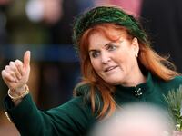 Sarah Ferguson gestures as she attends the Royal Family's Christmas Day service at St. Mary Magdalene's church, as the Royals take residence at the Sandringham estate in eastern England, Britain December 25, 2023.