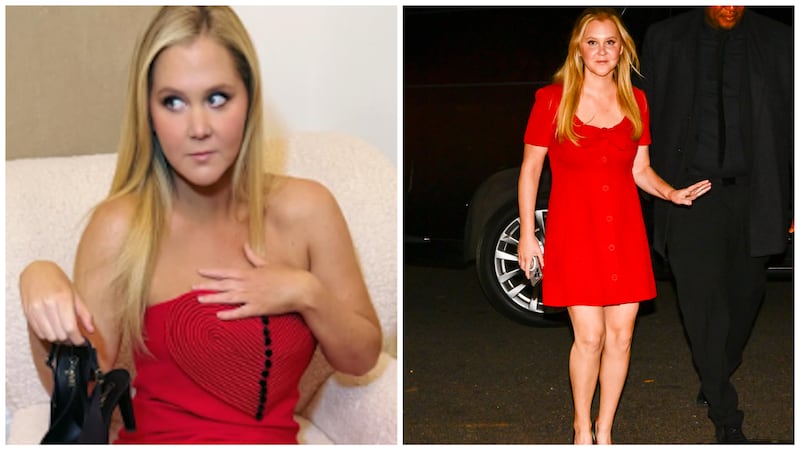 Amy Schumer in two red dresses