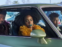Jamie Foxx as Slick Charles, Teyonah Parris as Yo-Yo, and John Boyega as Fontaine in They Cloned Tyrone.