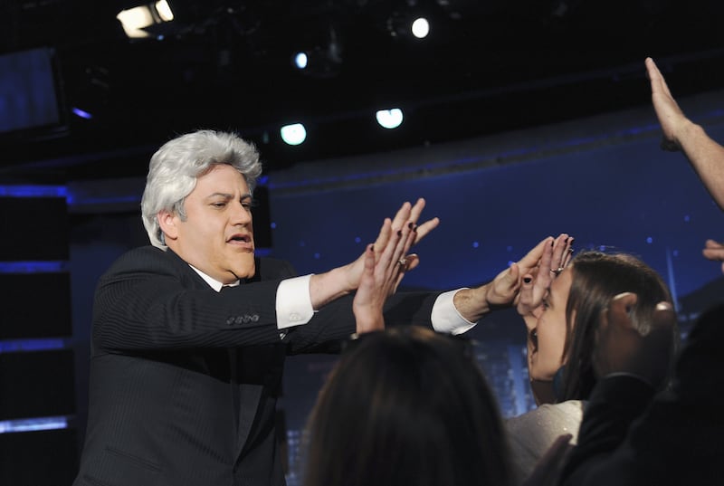 JIMMY KIMMEL LIVE - "Jimmy Kimmel Live" airs every weeknight, (12:05 - 1:05 a.m., ET), following "Nightline," featuring a diverse lineup of guests that include celebrities, athletes, musical acts, comedians and human interest subjects, along with comedy bits and a house band. The guests for TUESDAY, JANUARY 12 included actor Chevy Chase ("Community"), actress Elisha Cuthbert ("The Forgotten" and "24") and musical guest Melanie Fiona. (Photo by Mitch Haddad/Disney General Entertainment Content via Getty Images) JIMMY KIMMEL AS JAY LENO