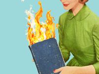 Photo illustration of a vintage 1950s housewife holding a book on fire