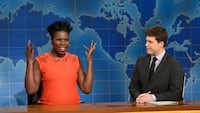 Leslie Jones and Colin Jost during "Weekend Update" on May 6, 2017.