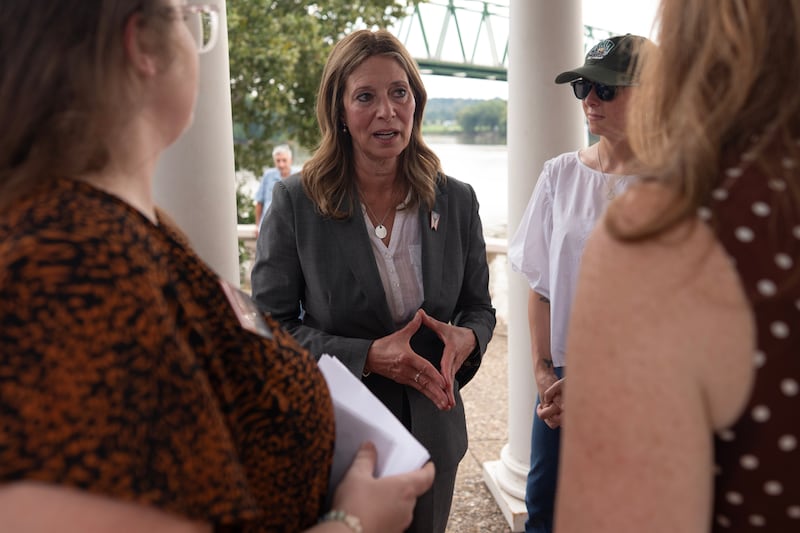 Democratic gubernatorial candidate Dr. Amy Acton speaks with supporters during a campaign event along the Ohio River, in Marietta, Ohio, Thursday, Sept. 17, 2026.