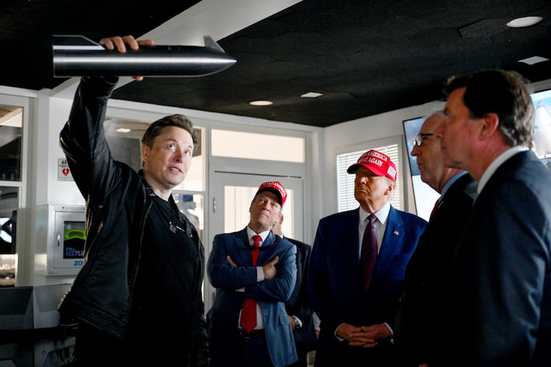 Elon Musk gives a tour to Donald Trump and lawmakers of the control room before the launch of the sixth test flight of the SpaceX Starship rocket on November 19, 2024 in Brownsville, Texas.