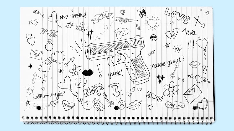 Photo illustration of a lined notebook with high school doodles about love drawn and a hand gun