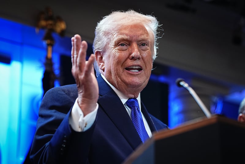 U.S. President Donald Trump answers questions during a press briefing held at the White House February 20, 2026 in Washington, DC.