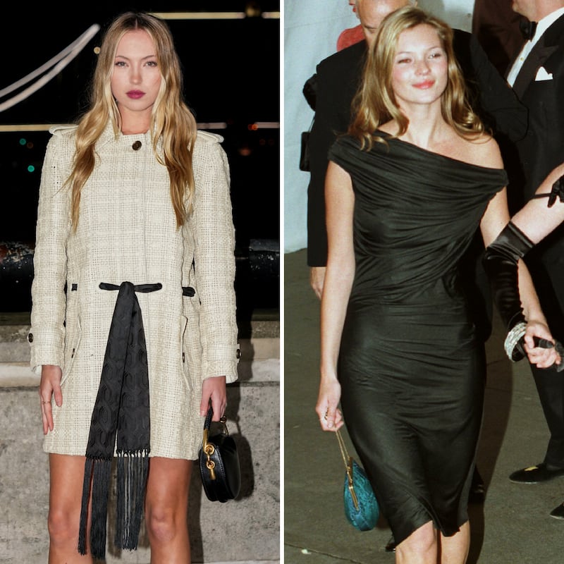 Kate Moss in 1997 in New York City, left; her daughter, Lila Moss, poses at London Fashion Week in 2026, right.