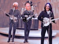 A photo illustration of Kamala Harris, Tim Walz, and Doug Emhoff, and The Beatles performing.